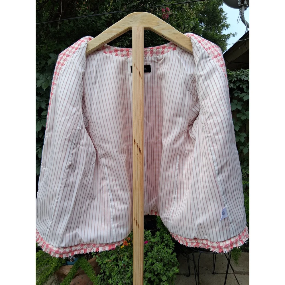 💐EUC TALBOTS Blazer Jacket Pink White Checkered Tweed Fringe Sz. 12 - Picture 9 of 14